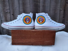 Load image into Gallery viewer, "Jerry" - Custom White Hi-Top Converse with Stealie Mandalas
