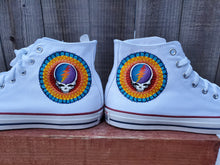 Load image into Gallery viewer, "Jerry" - Custom White Hi-Top Converse with Stealie Mandalas